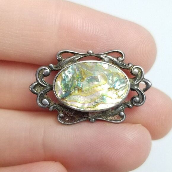 Antique Sterling Silver Mother of Pearl Victorian Oval Brooch Scroll Design - Picture 7 of 8